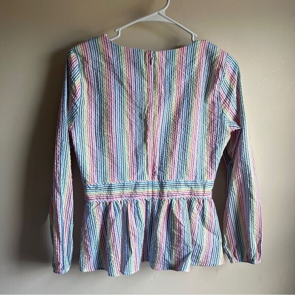 J Crew Rainbow Striped Seersucker V-neck Peplum Blouse - Picture 4 of 5